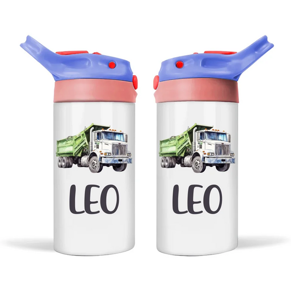 Personalised Dump Truck Sippy Bottle – Custom Name Kids Drink Bottle – 350ml Spill-Proof