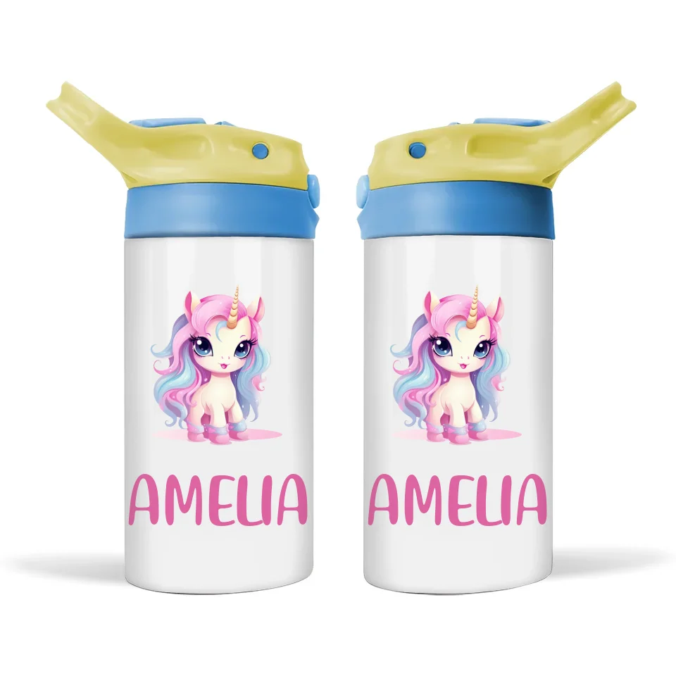 Personalised Unicorn Sippy Bottle – Custom Name Kids Drink Bottle – 350ml Spill-Proof