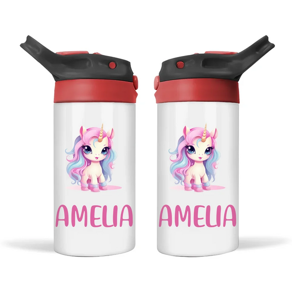 Personalised Unicorn Sippy Bottle – Custom Name Kids Drink Bottle – 350ml Spill-Proof