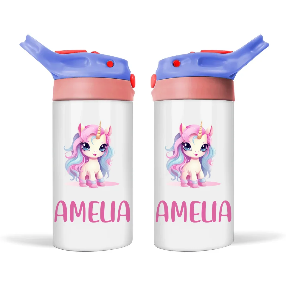 Personalised Unicorn Sippy Bottle – Custom Name Kids Drink Bottle – 350ml Spill-Proof