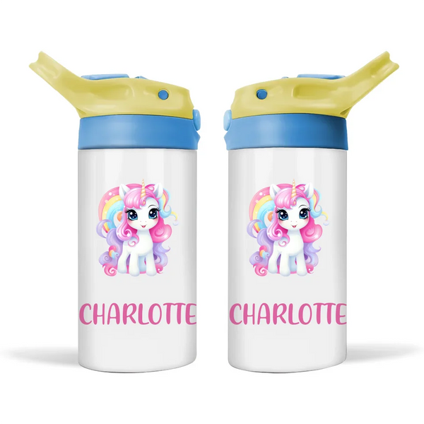 Personalised Unicorn Sippy Bottle – Custom Name Kids Drink Bottle – 350ml Spill-Proof