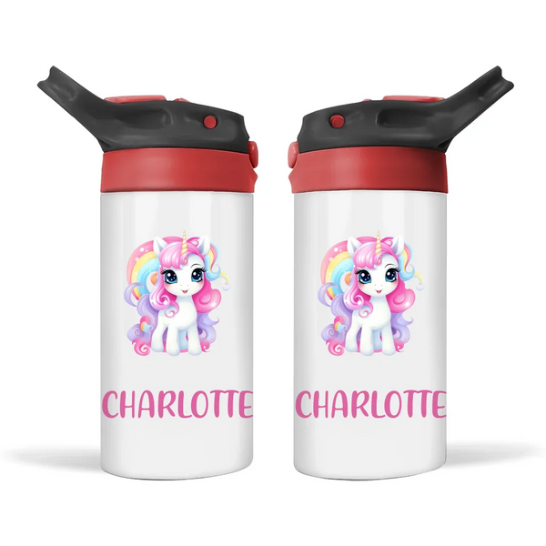 Personalised Unicorn Sippy Bottle – Custom Name Kids Drink Bottle – 350ml Spill-Proof