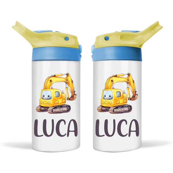 Personalised Digger Sippy Bottle – Custom Name Kids Drink Bottle – 350ml Spill-Proof