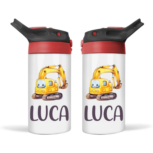 Personalised Digger Sippy Bottle – Custom Name Kids Drink Bottle – 350ml Spill-Proof