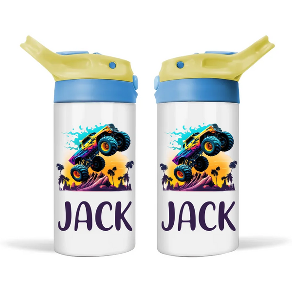 Personalised Monster Truck Sippy Bottle – Custom Name Kids Drink Bottle – 350ml Spill-Proof