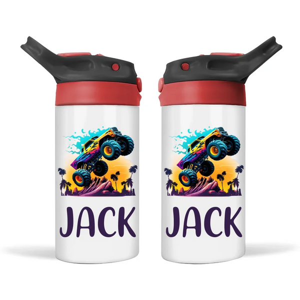 Personalised Monster Truck Sippy Bottle – Custom Name Kids Drink Bottle – 350ml Spill-Proof