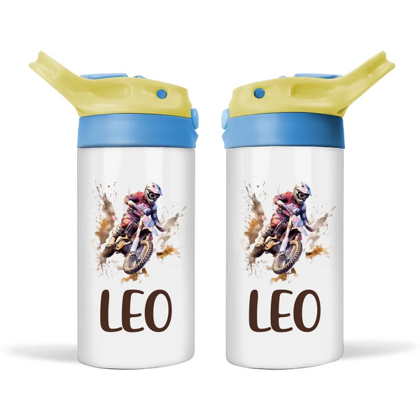 Personalised Dirt Bike Sippy Bottle – Custom Name Kids Drink Bottle – 350ml Spill-Proof