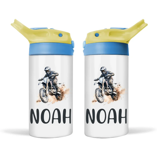 Personalised Motocross Sippy Bottle – Custom Name Kids Drink Bottle – 350ml Spill-Proof