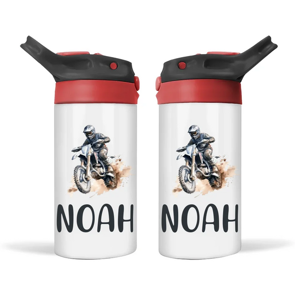 Personalised Motocross Sippy Bottle – Custom Name Kids Drink Bottle – 350ml Spill-Proof