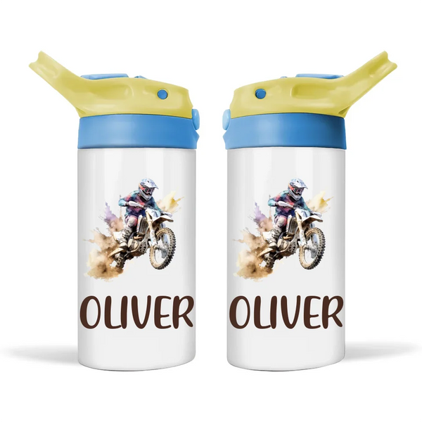 Personalised Dirt Bike Sippy Bottle – Custom Name Kids Drink Bottle – 350ml Leak-Proof 🚴💨