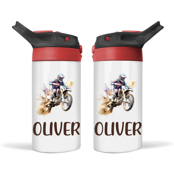 Personalised Dirt Bike Sippy Bottle – Custom Name Kids Drink Bottle – 350ml Leak-Proof 🚴💨