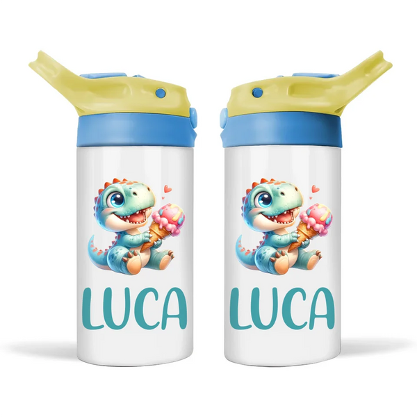 Personalised Dinosaur Sippy Bottle – Custom Name Kids Drink Bottle – 350ml Double-Walled Stainless Steel