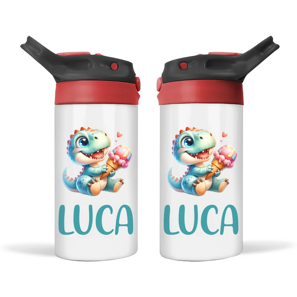 Personalised Dinosaur Sippy Bottle – Custom Name Kids Drink Bottle – 350ml Double-Walled Stainless Steel