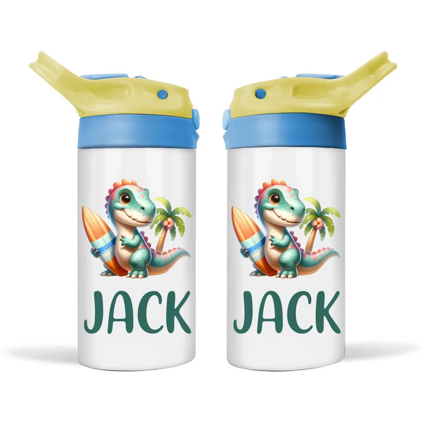 Personalised Dinosaur Sippy Bottle – Custom Name Kids Drink Bottle – 350ml Double-Walled Stainless Steel