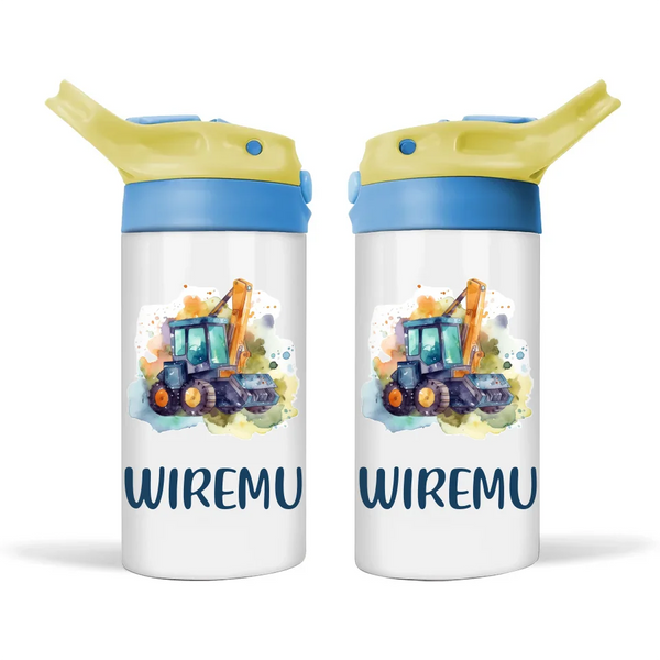 Personalised Kids Sippy Bottle – Custom Name Construction Digger – 350ml Double-Walled Stainless Steel