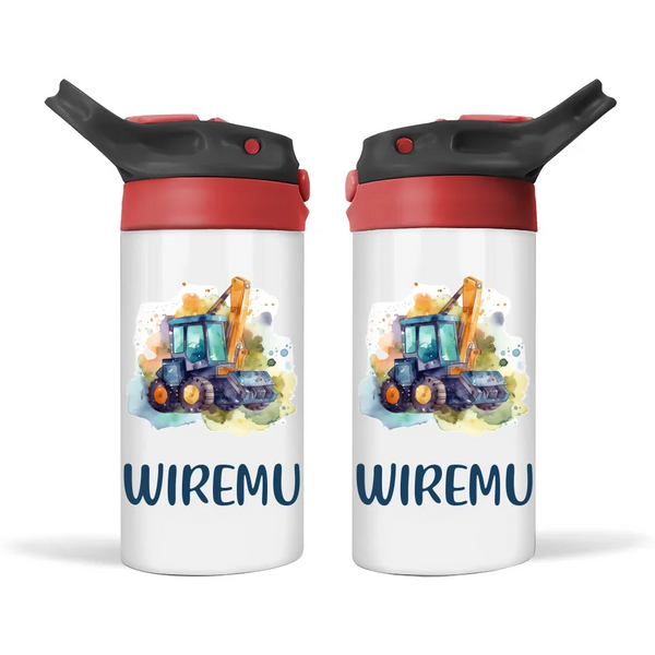 Personalised Kids Sippy Bottle – Custom Name Construction Digger – 350ml Double-Walled Stainless Steel