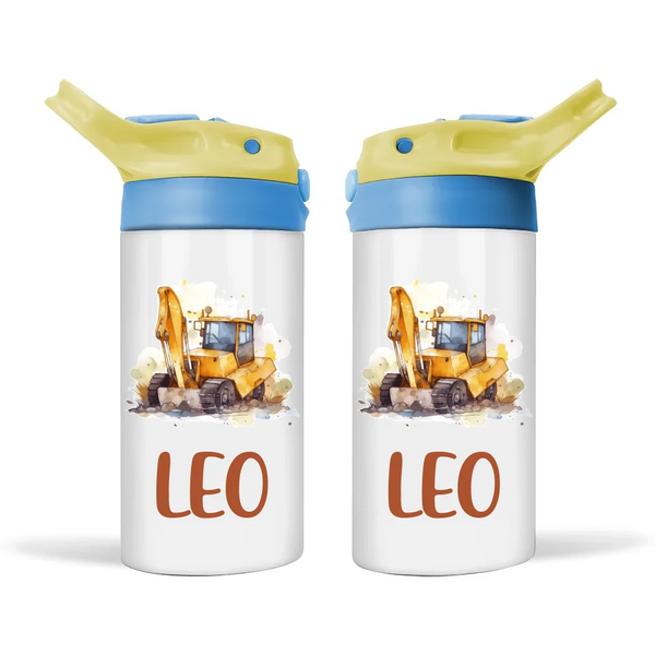 Personalised Digger Sippy Bottle – 350ml Double-Walled Kids Drink Bottle with Name