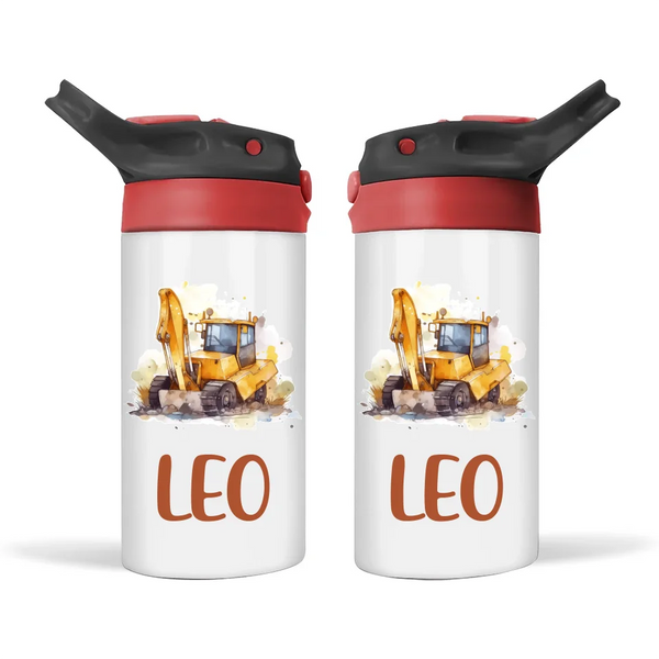 Personalised Digger Sippy Bottle – 350ml Double-Walled Kids Drink Bottle with Name