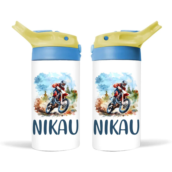 Personalised Dirt Bike Sippy Bottle – Custom Name Kids Drink Bottle – 350ml Spill-Proof