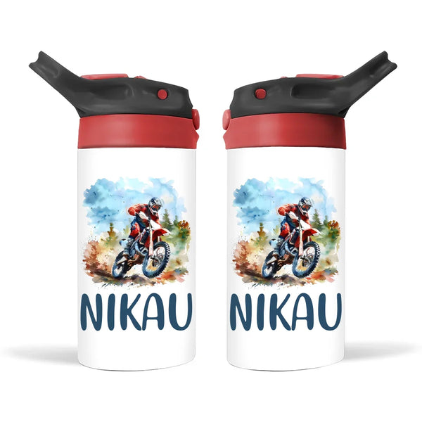 Personalised Dirt Bike Sippy Bottle – Custom Name Kids Drink Bottle – 350ml Spill-Proof