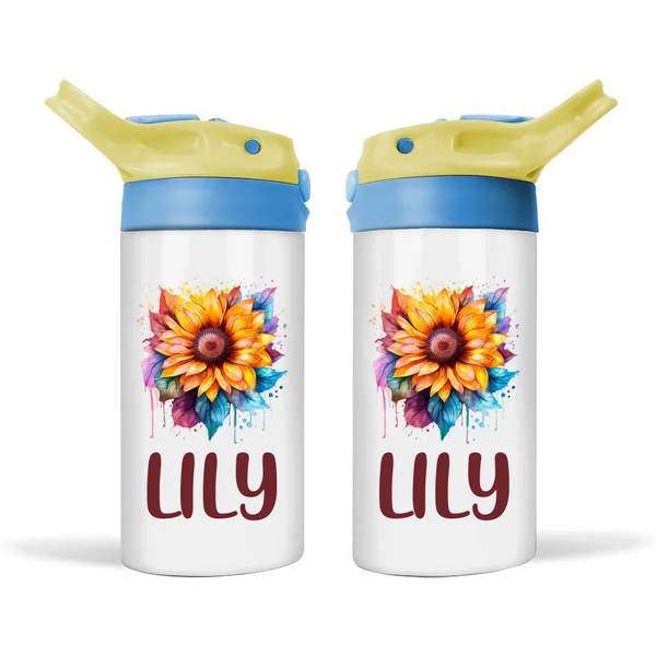 Personalised Kids Sunflower Sippy Bottle – 12oz Stainless Steel Insulated Bottle