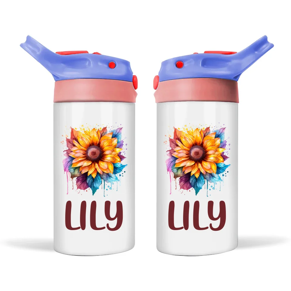 Personalised Kids Sunflower Sippy Bottle – 12oz Stainless Steel Insulated Bottle