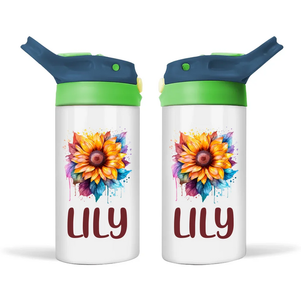 Personalised Kids Sunflower Sippy Bottle – 12oz Stainless Steel Insulated Bottle