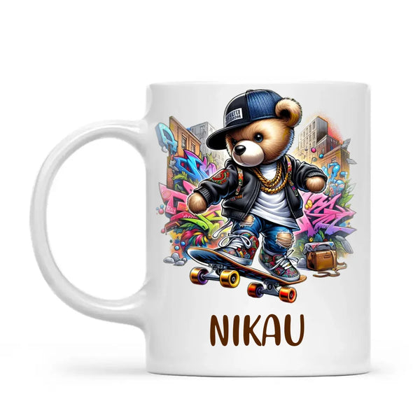 Personalised Kids Skateboarding Mug – Custom Urban Teddy Bear Design