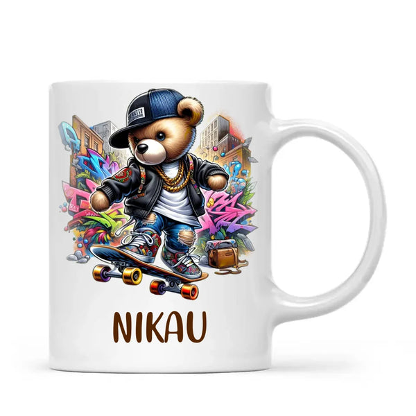 Personalised Kids Skateboarding Mug – Custom Urban Teddy Bear Design