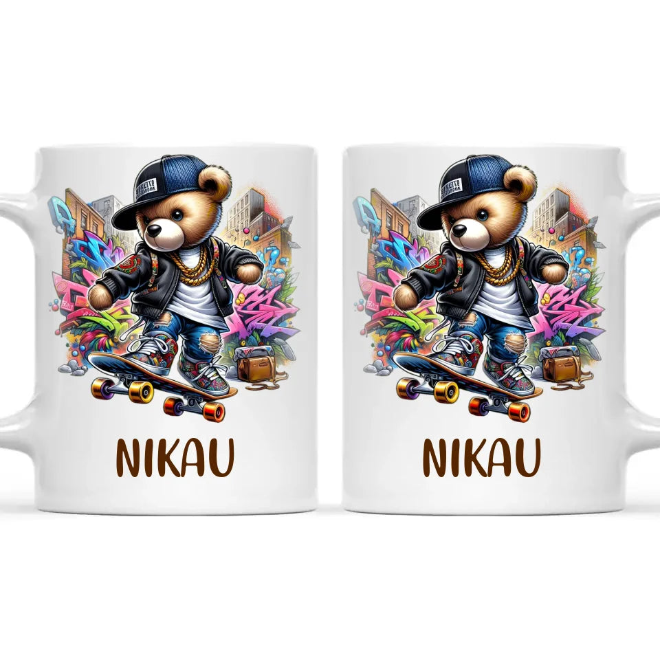 Personalised Kids Skateboarding Mug – Custom Urban Teddy Bear Design