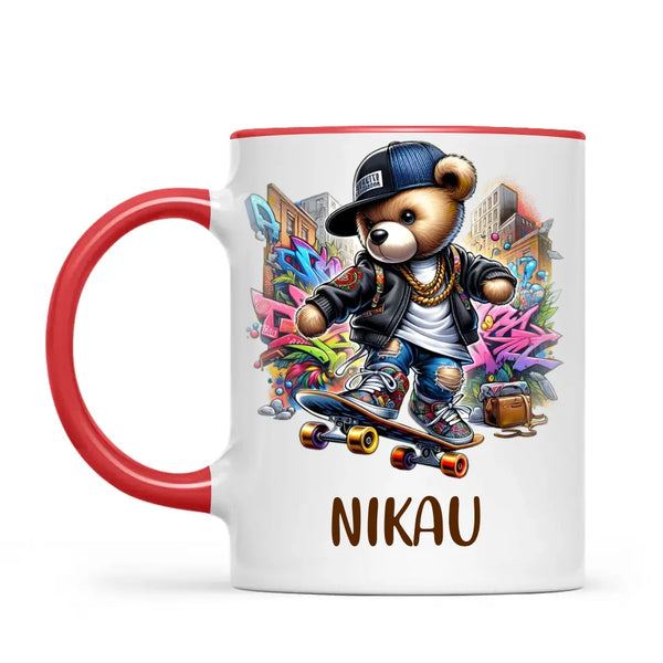 Personalised Kids Skateboarding Mug – Custom Urban Teddy Bear Design