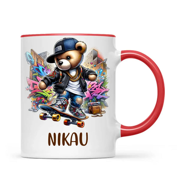 Personalised Kids Skateboarding Mug – Custom Urban Teddy Bear Design