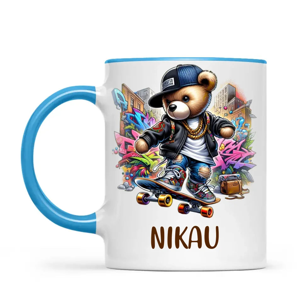 Personalised Kids Skateboarding Mug – Custom Urban Teddy Bear Design