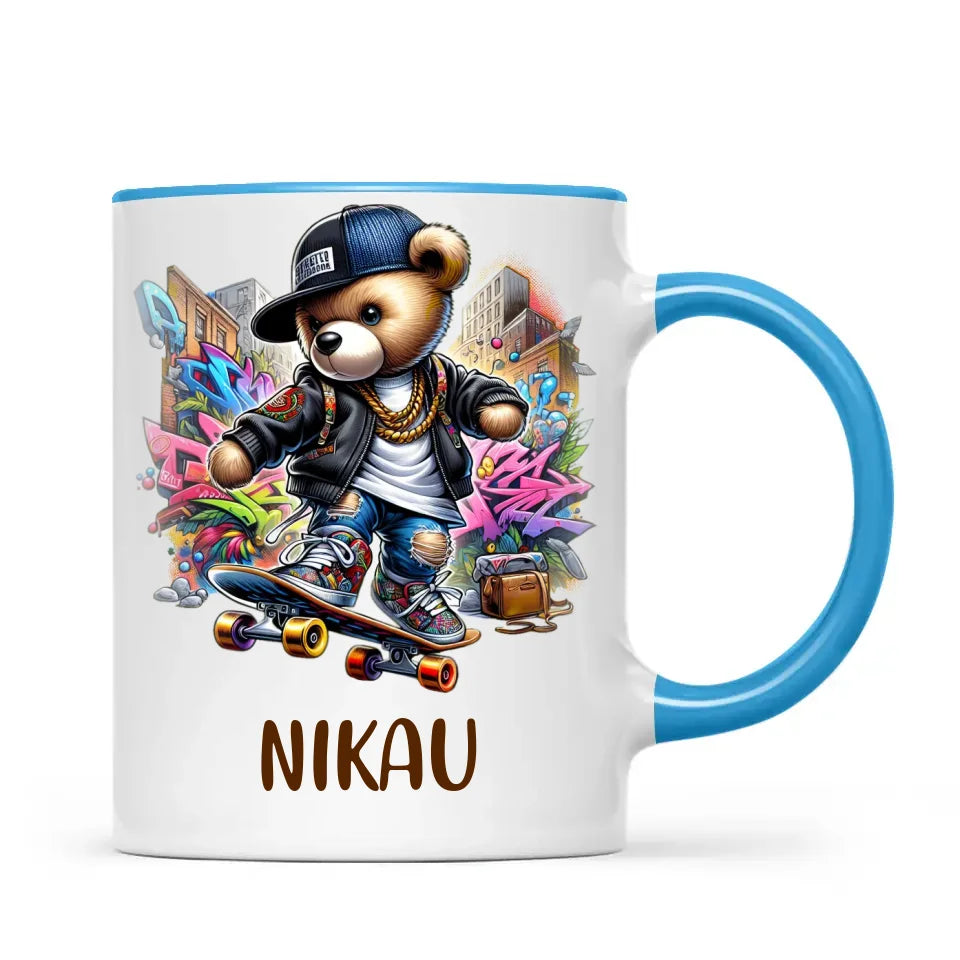 Personalised Kids Skateboarding Mug – Custom Urban Teddy Bear Design