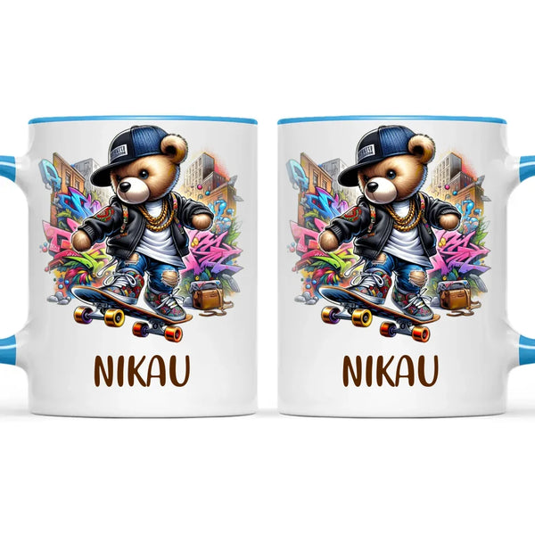 Personalised Kids Skateboarding Mug – Custom Urban Teddy Bear Design