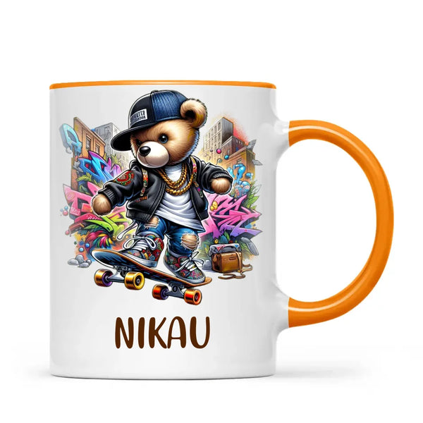 Personalised Kids Skateboarding Mug – Custom Urban Teddy Bear Design