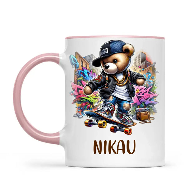 Personalised Kids Skateboarding Mug – Custom Urban Teddy Bear Design