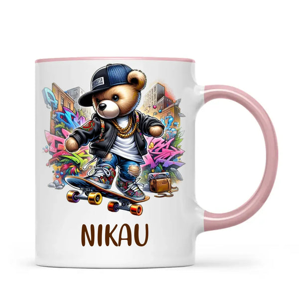 Personalised Kids Skateboarding Mug – Custom Urban Teddy Bear Design