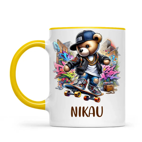 Personalised Kids Skateboarding Mug – Custom Urban Teddy Bear Design