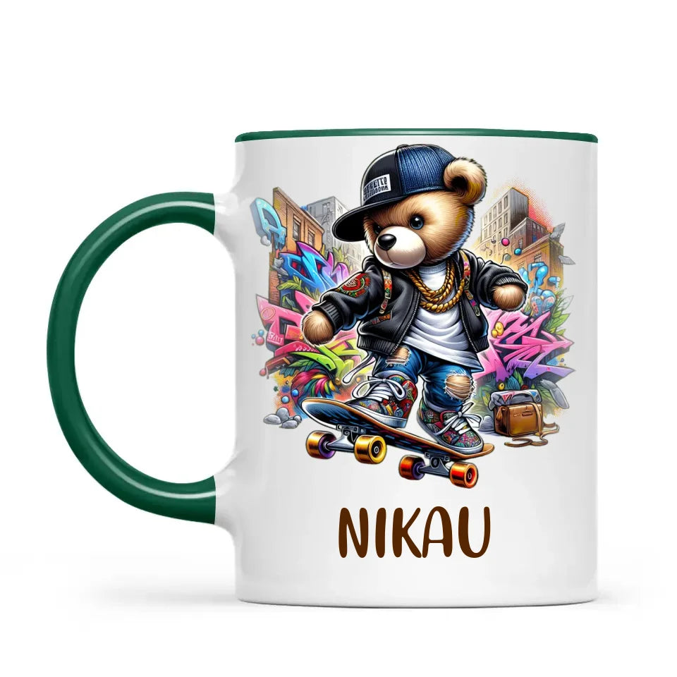 Personalised Kids Skateboarding Mug – Custom Urban Teddy Bear Design