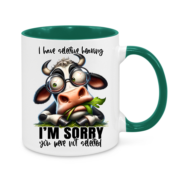 🖤 Funny Cow Mug – "I Have Selective Hearing" – Sarcastic 11oz Coffee Cup – Quirky Gift for Cow Lovers & Office Humor 🐄☕