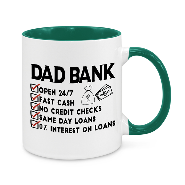 Dad Bank Funny Mug – 11oz Novelty Coffee Cup for Dads – Open 24/7 Cash Loans Gift for Father’s Day, Birthdays & Christmas